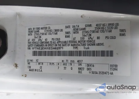 2014 Ford E-250 Commercial from USA, damaged, VIN 1FTNE2EWXEDA62571